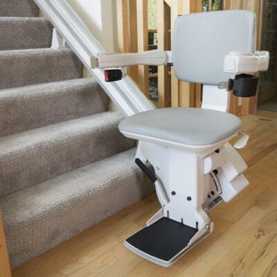 Bruno Elite Bariatric Straight Stair Lift at Bottom of Stairs Carpeted Steps in Home, Unfolded and Ready to Use