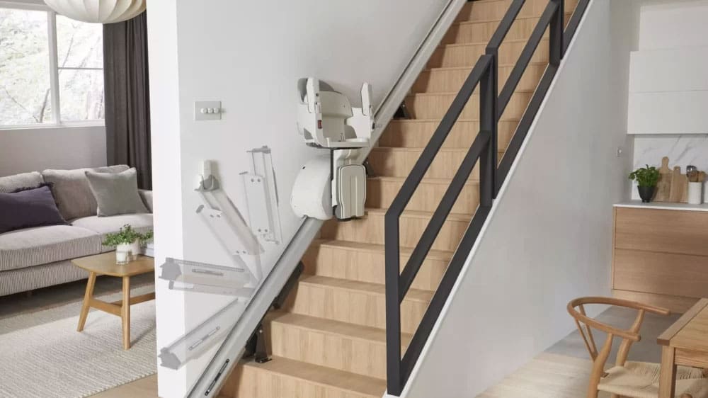 Folding Rail for Access BDD HomeGlide Straight Stairlift To Eliminate Tripping Hazards at Bottom of Stairs