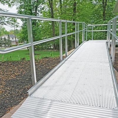 Residential aluminum wheelchair ramp from National Ramps with expanded metal decking for best possible traction in snow